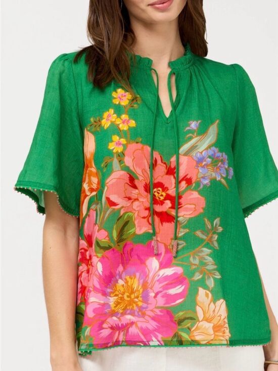 Johnny Was Tops - Johnny Was Green Floral Flutter Sleeve  Blouse with Pink & Orange Blooms S